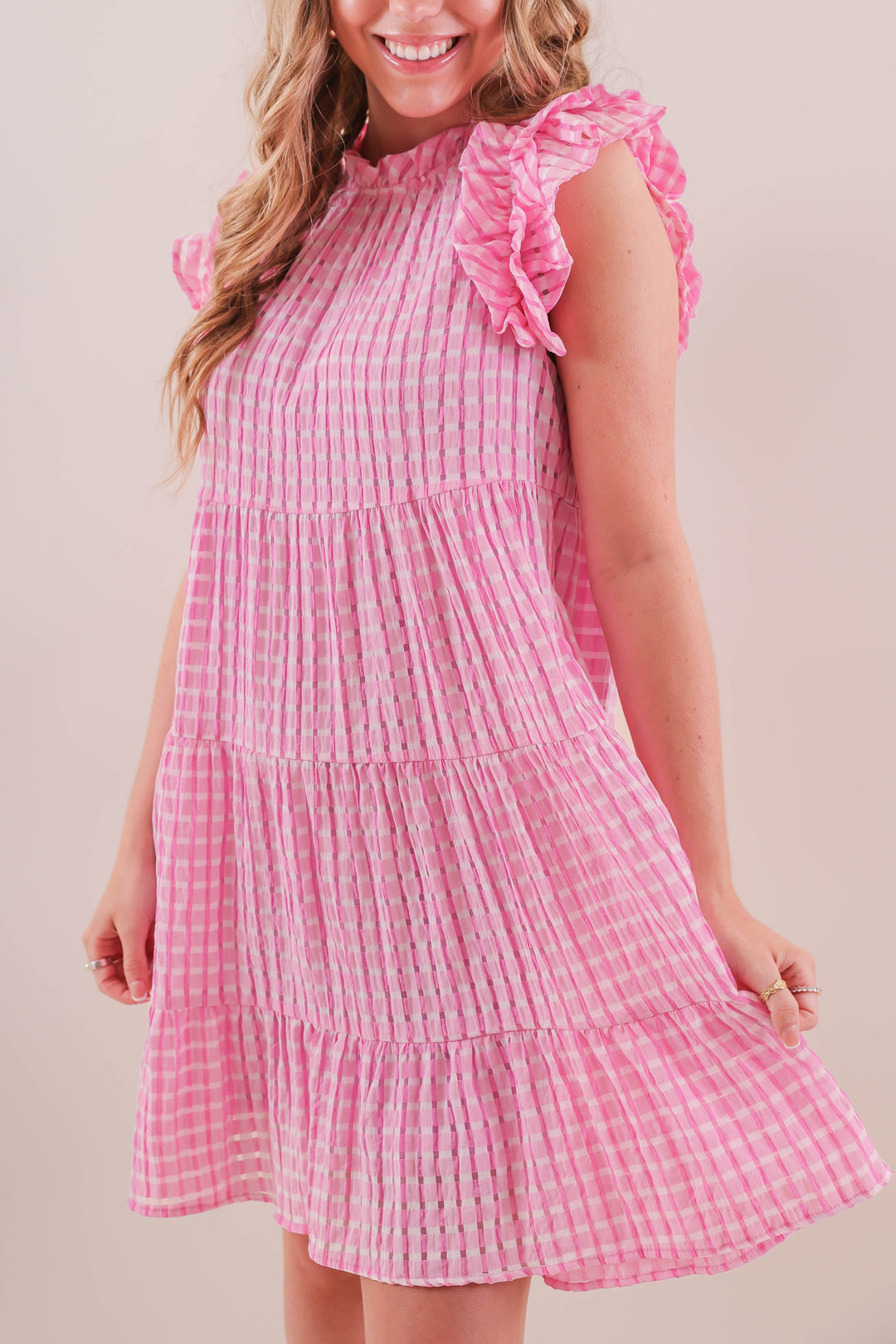 Women's Pink Gingham Dress- Women's Pink and White Seersucker Dress- Entro  Dresses – Juliana's Boutique