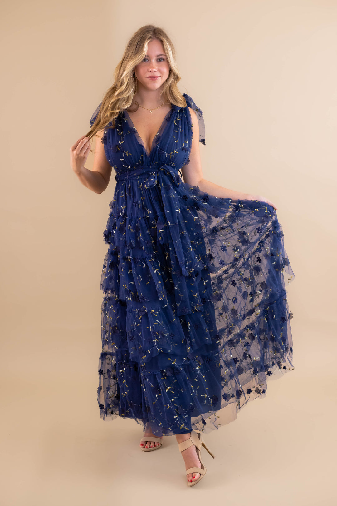 Navy Blue Tulle Maxi Dress- 3D Flower Maxi Dress- Elegant Tulle Flower Maxi  Dress – Juliana's Boutique