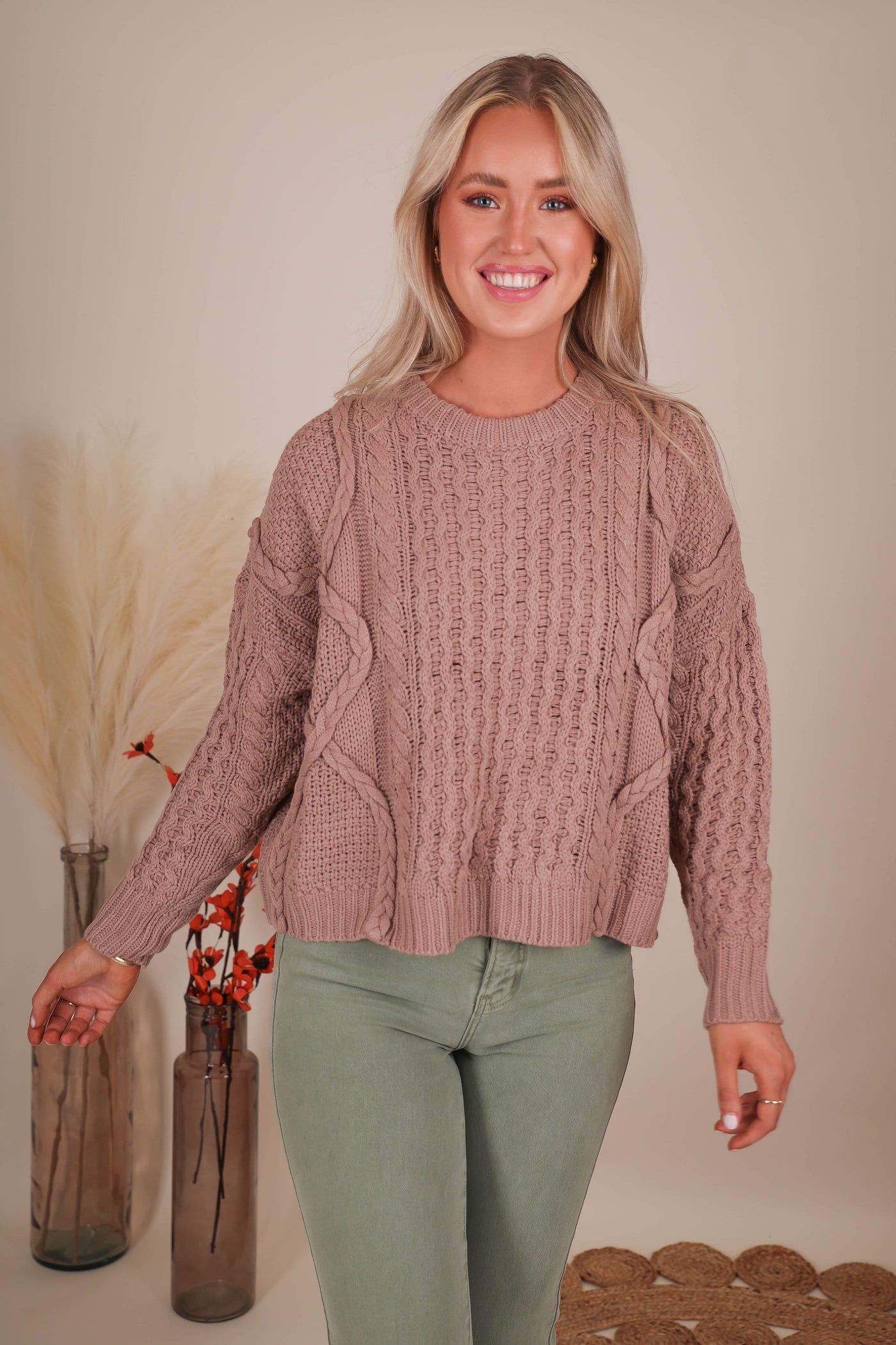 Women's Brown Cable Knit Sweater- Women's Cozy Fall Sweaters- &Merci Sweaters