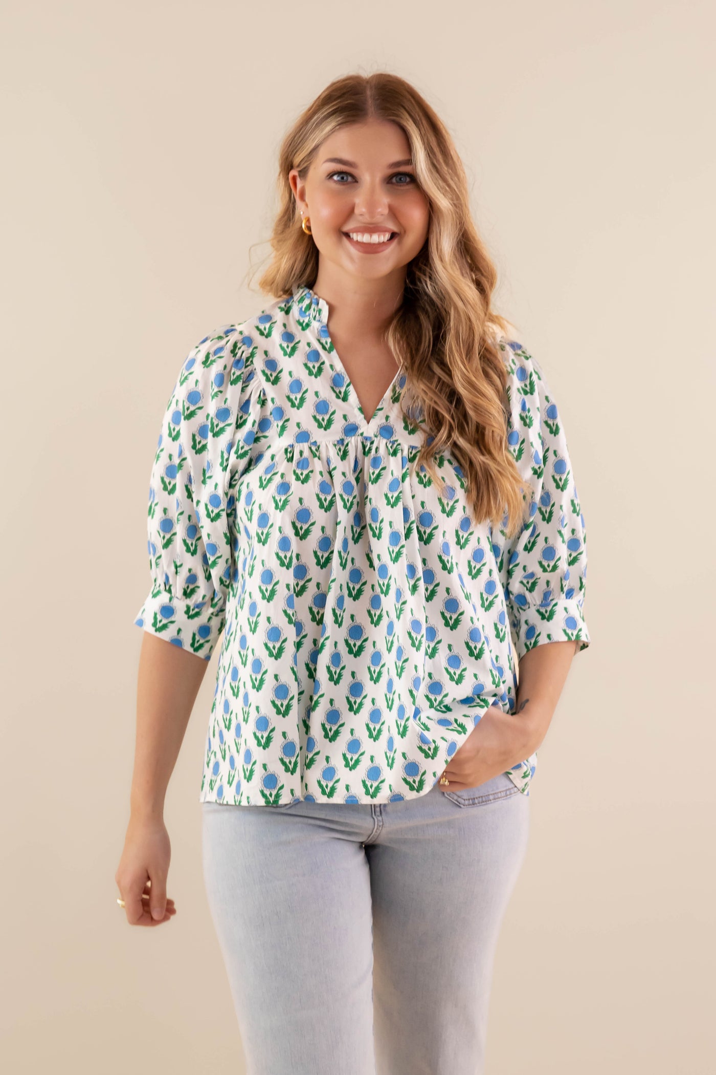 Beautiful Floral Print Blouse- Women's Preppy Summer Tops- Entro Tops