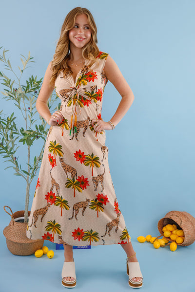 Women's Chic Safari Dress- Cheetah and Palm Tree Dress- En Creme Cheetah Dress