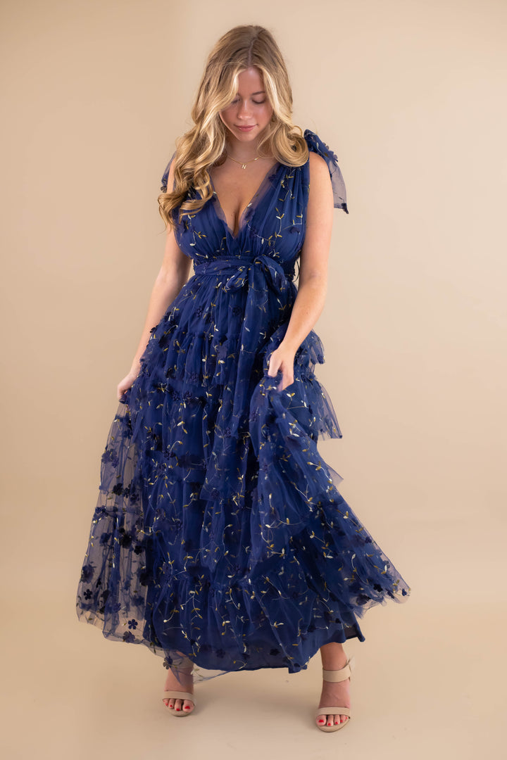 Navy Blue Tulle Maxi Dress- 3D Flower Maxi Dress- Elegant Tulle Flower Maxi Dress Juliana's Boutique Navy Blue Tulle Maxi Dress- 3D Flower Maxi Dress- Elegant Tulle Flower Maxi Dress Juliana's Boutique