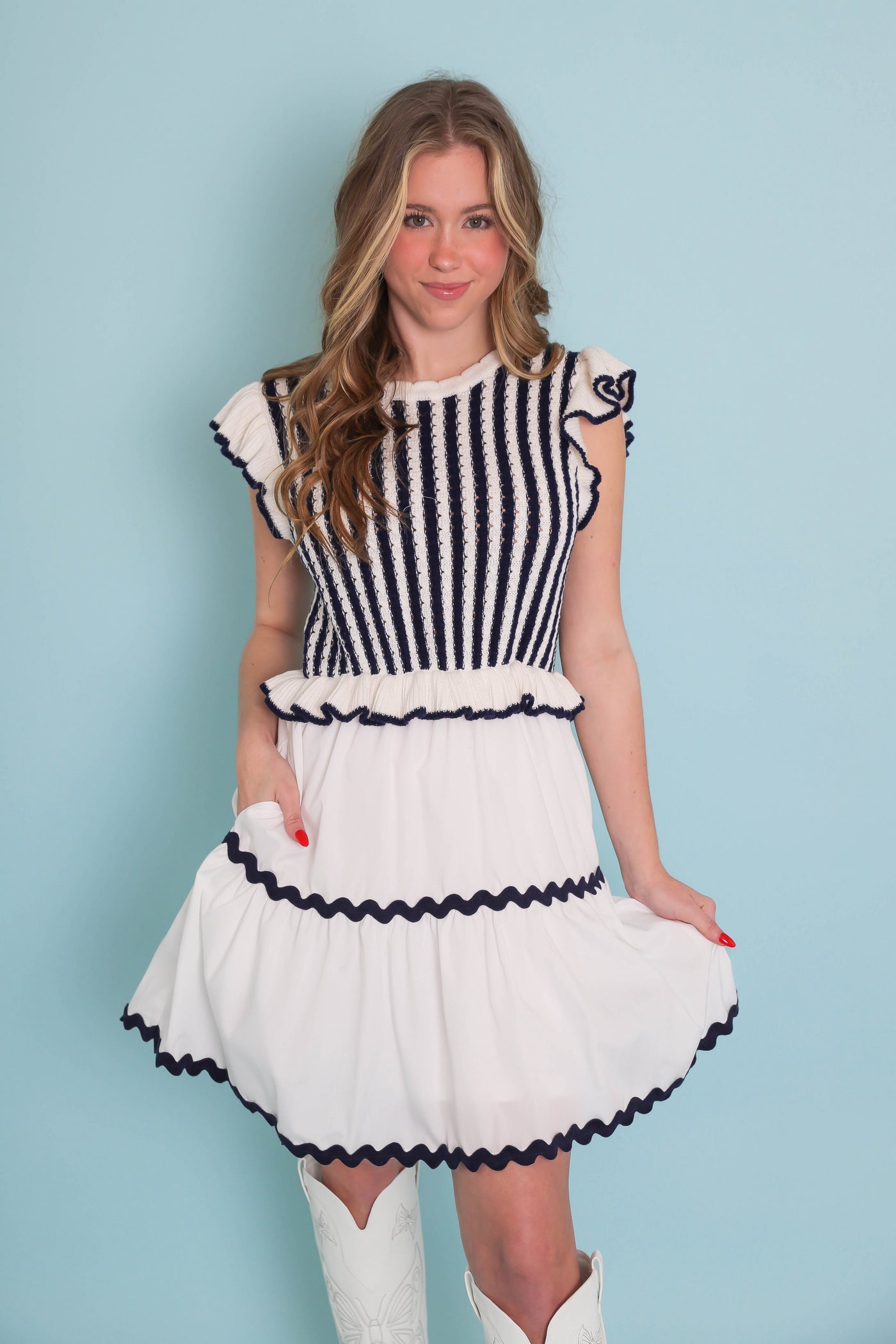 spring sweater dress DRESSES THAT ACTUALLY LOOK GOOD 45% acrylic Machine wash cold Navy Blue Stripe Sweater Mini