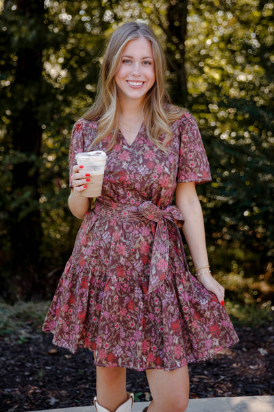 Short Sleeve Floral Print Dress- Muted Floral Print Fall Dress- She + Sky Floral Dress