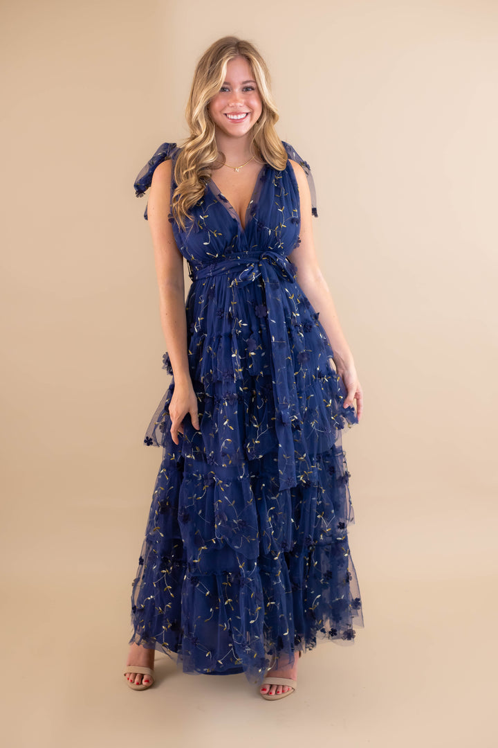 Navy Blue Tulle Maxi Dress- 3D Flower Maxi Dress- Elegant Tulle Flower Maxi  Dress  Juliana's Boutique