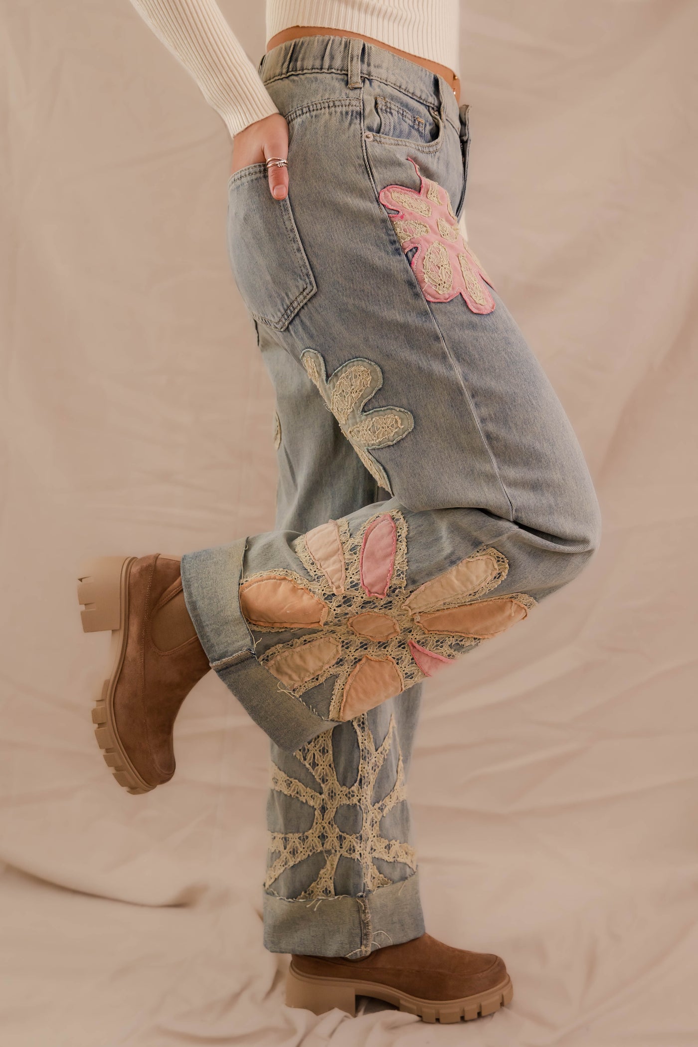 Floral Patchwork Jeans- Wide Leg Patchwork Denim- Oli and Hali Floral Jeans