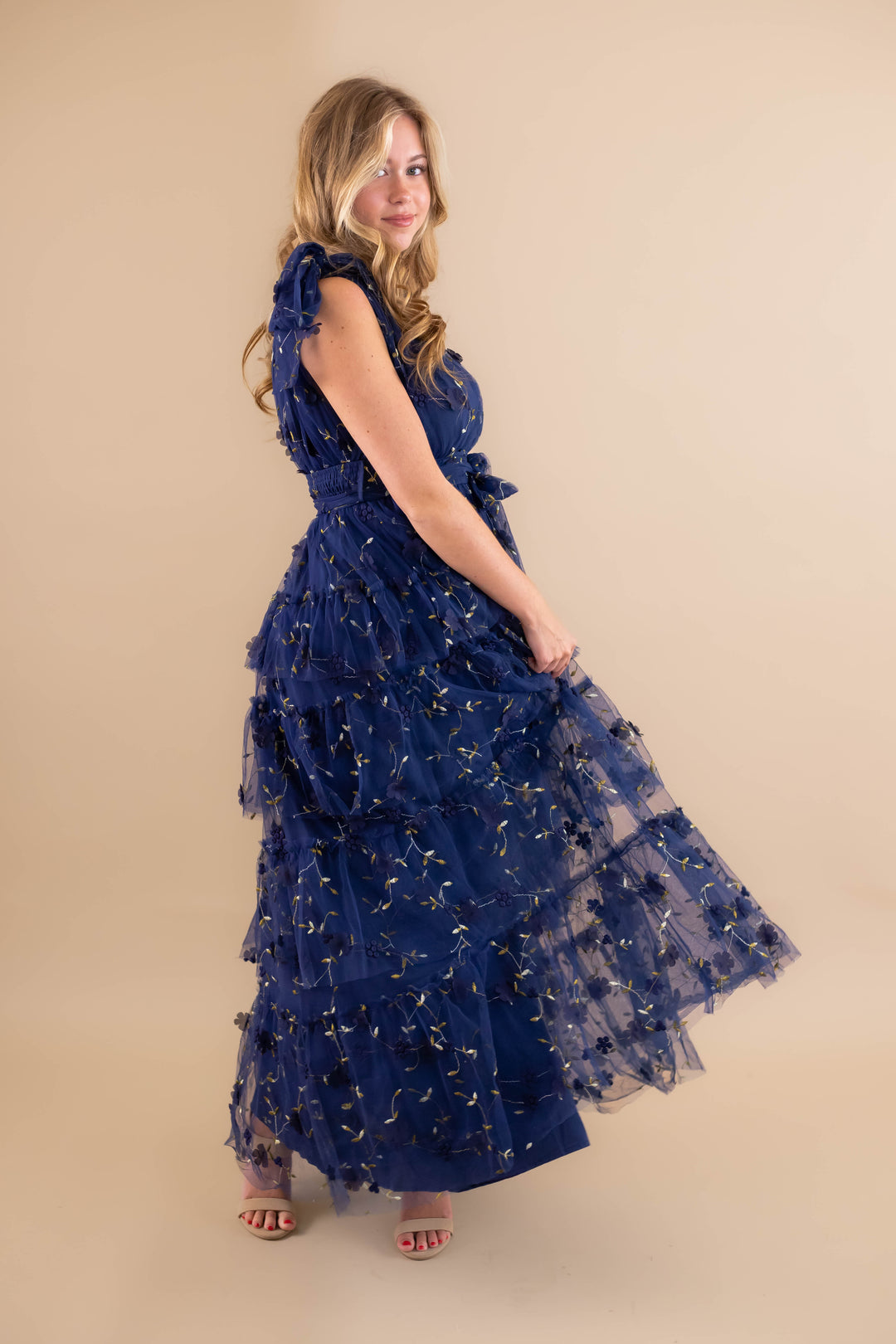 Navy Blue Tulle Maxi Dress- 3D Flower Maxi Dress- Elegant Tulle