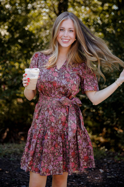 Short Sleeve Floral Print Dress- Muted Floral Print Fall Dress- She + Sky Floral Dress