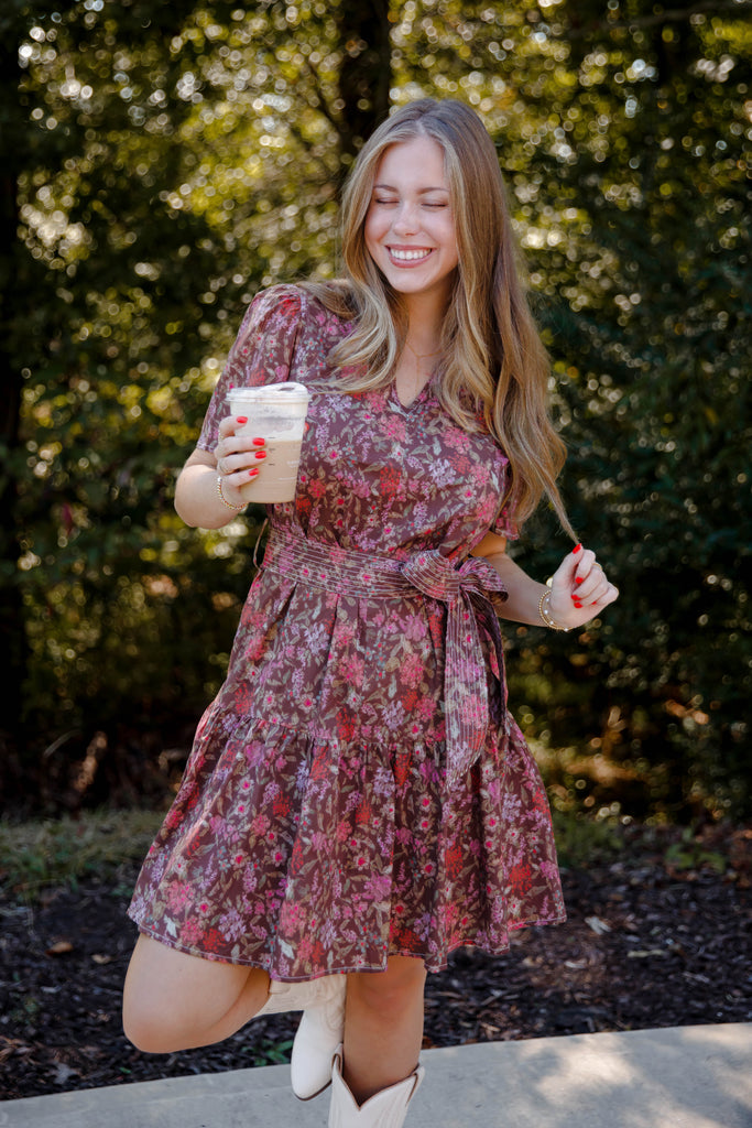 Short Sleeve Floral Print Dress- Muted Floral Print Fall Dress- She + Sky Floral Dress Large