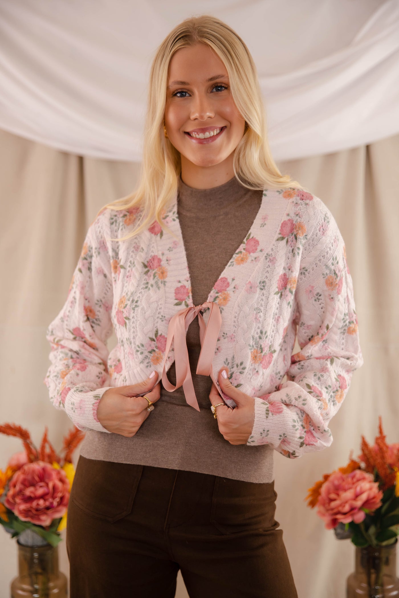 Satin Ribbon Cardigan- Women's Pink Floral Cardigan- Women's Luxury Sweaters