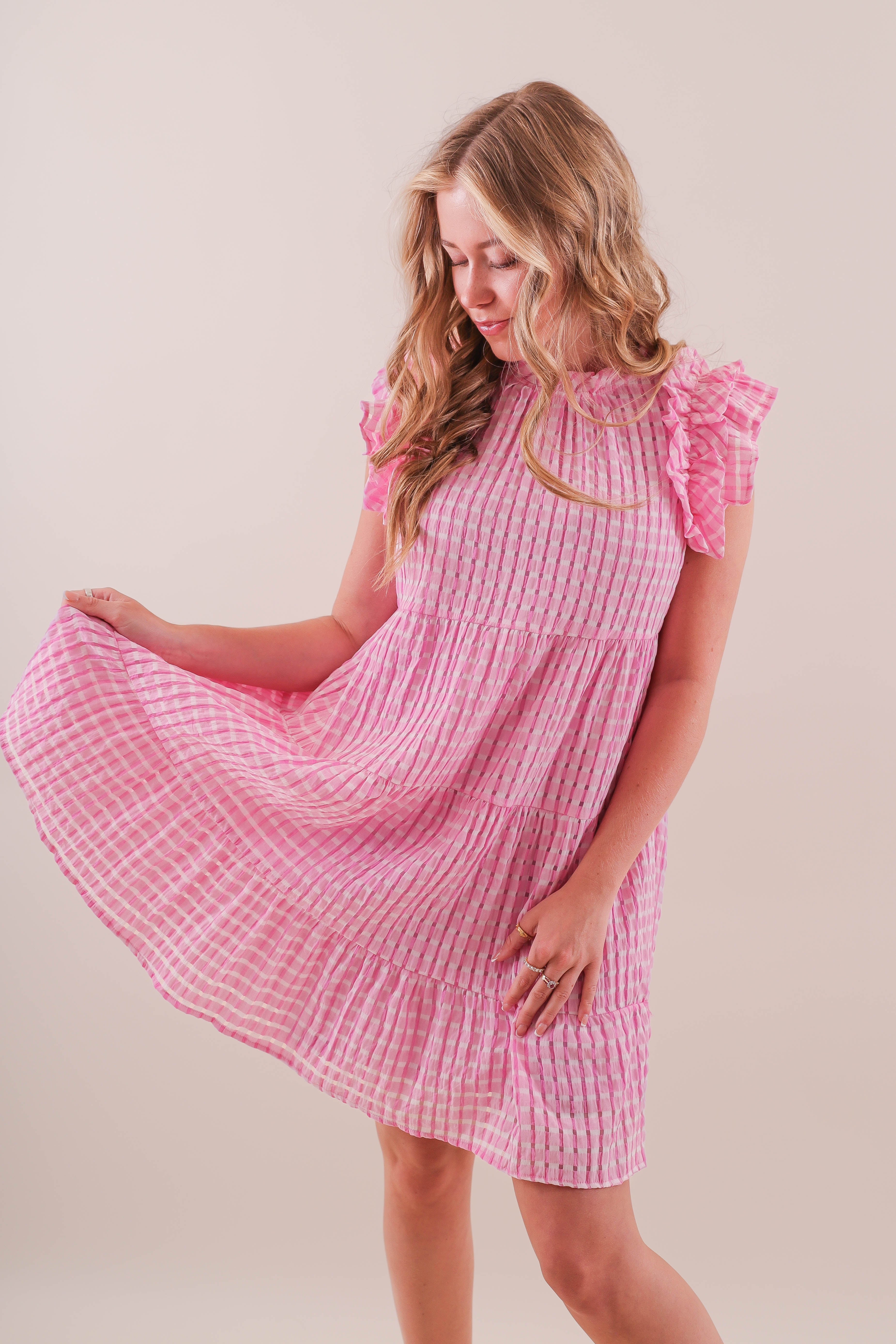 Women's Pink Gingham Dress- Women's Pink and White Seersucker Dress- Entro Dresses Small