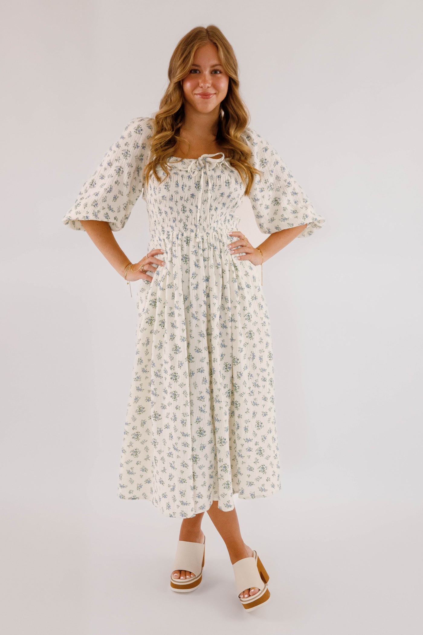 Dainty Blue Floral Print Midi Dress- Women's Cotton Midi Dress- Women's Conservative Dresses