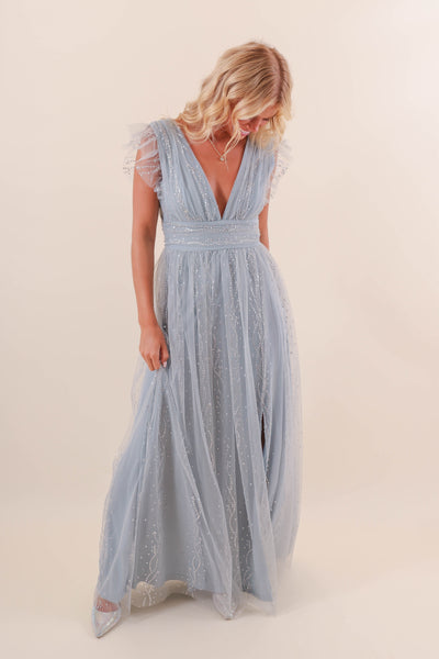 Women's Blue Tulle Maxi Dress- Women's Glitter Tulle Dress- Soieblu Tulle Maxi Dress