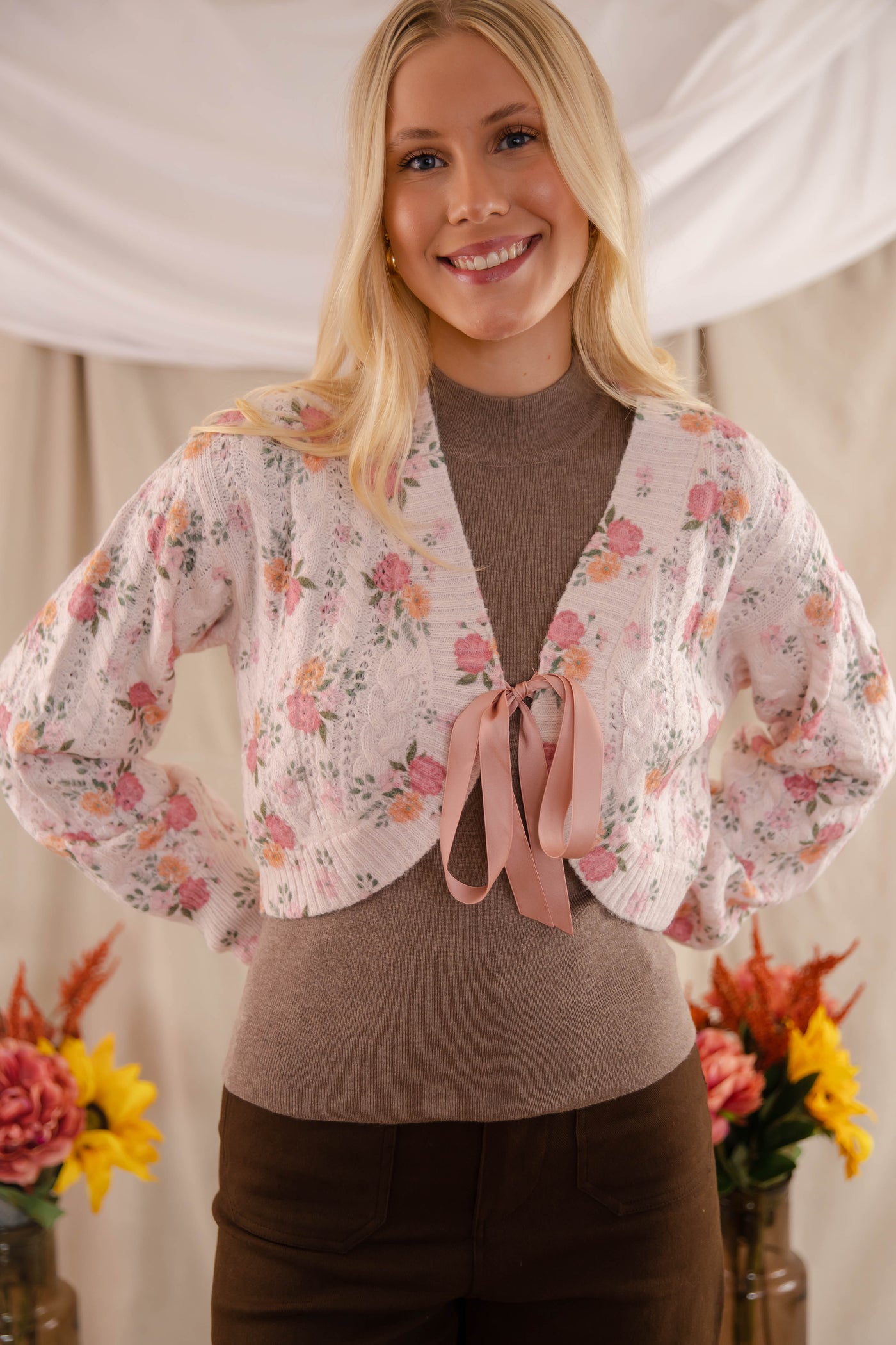 Satin Ribbon Cardigan- Women's Pink Floral Cardigan- Women's Luxury Sweaters