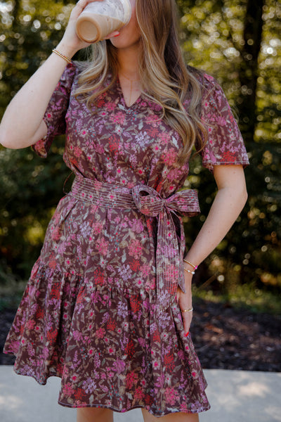 Short Sleeve Floral Print Dress- Muted Floral Print Fall Dress- She + Sky Floral Dress