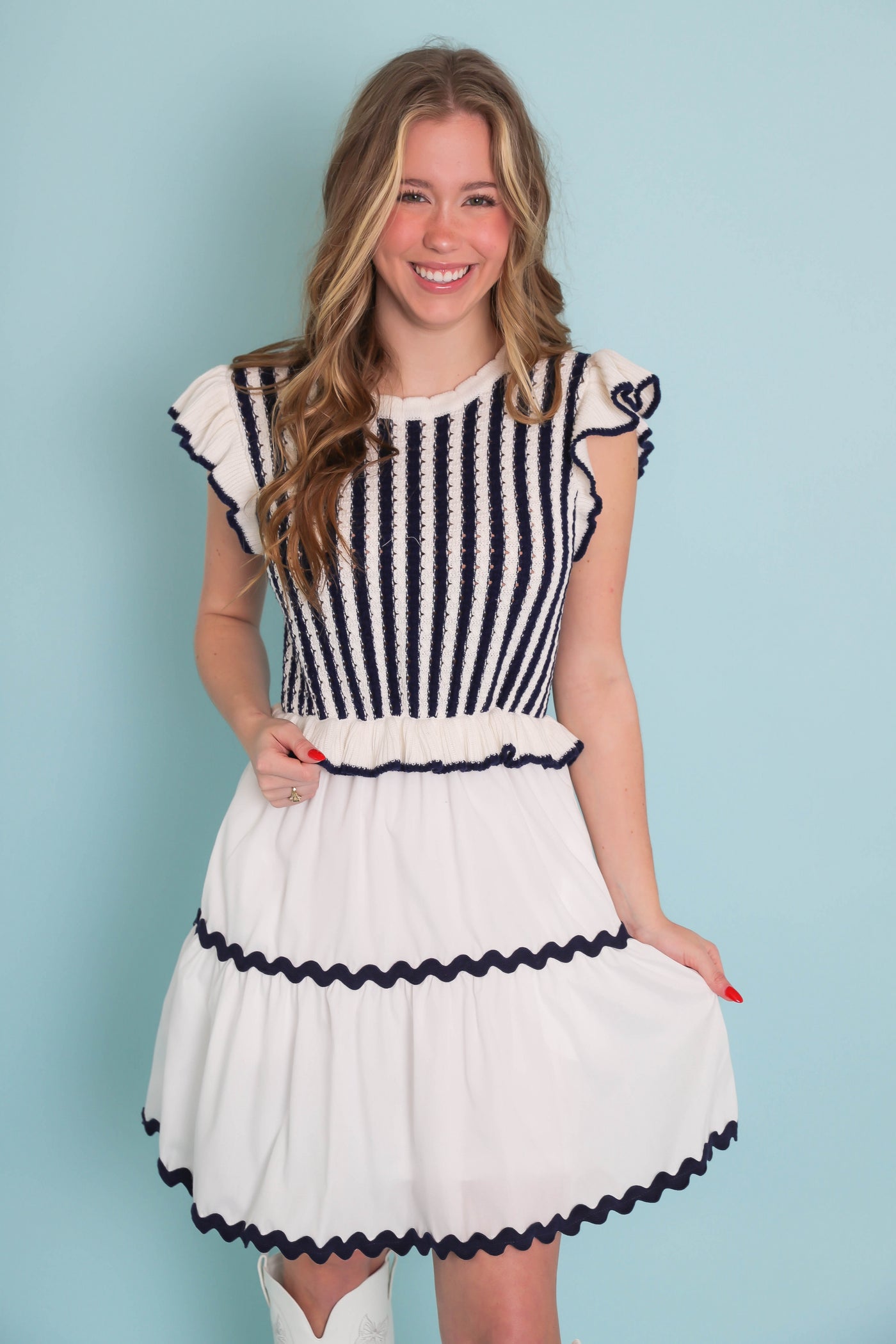 Navy Blue Stripe Sweater Mini Dress- Spring Sweater Dress- Entro Dresses
