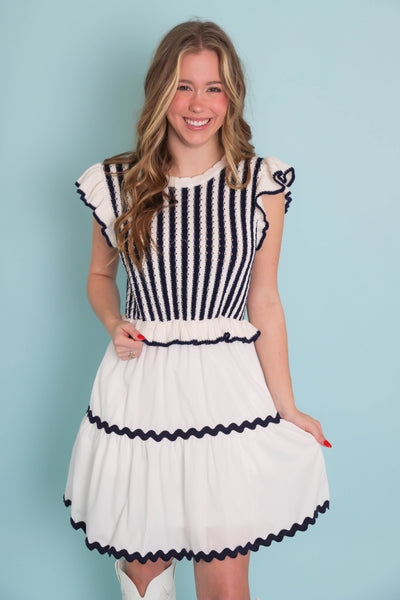 Navy Blue Stripe Sweater Mini Dress- Spring Sweater Dress- Entro Dresses