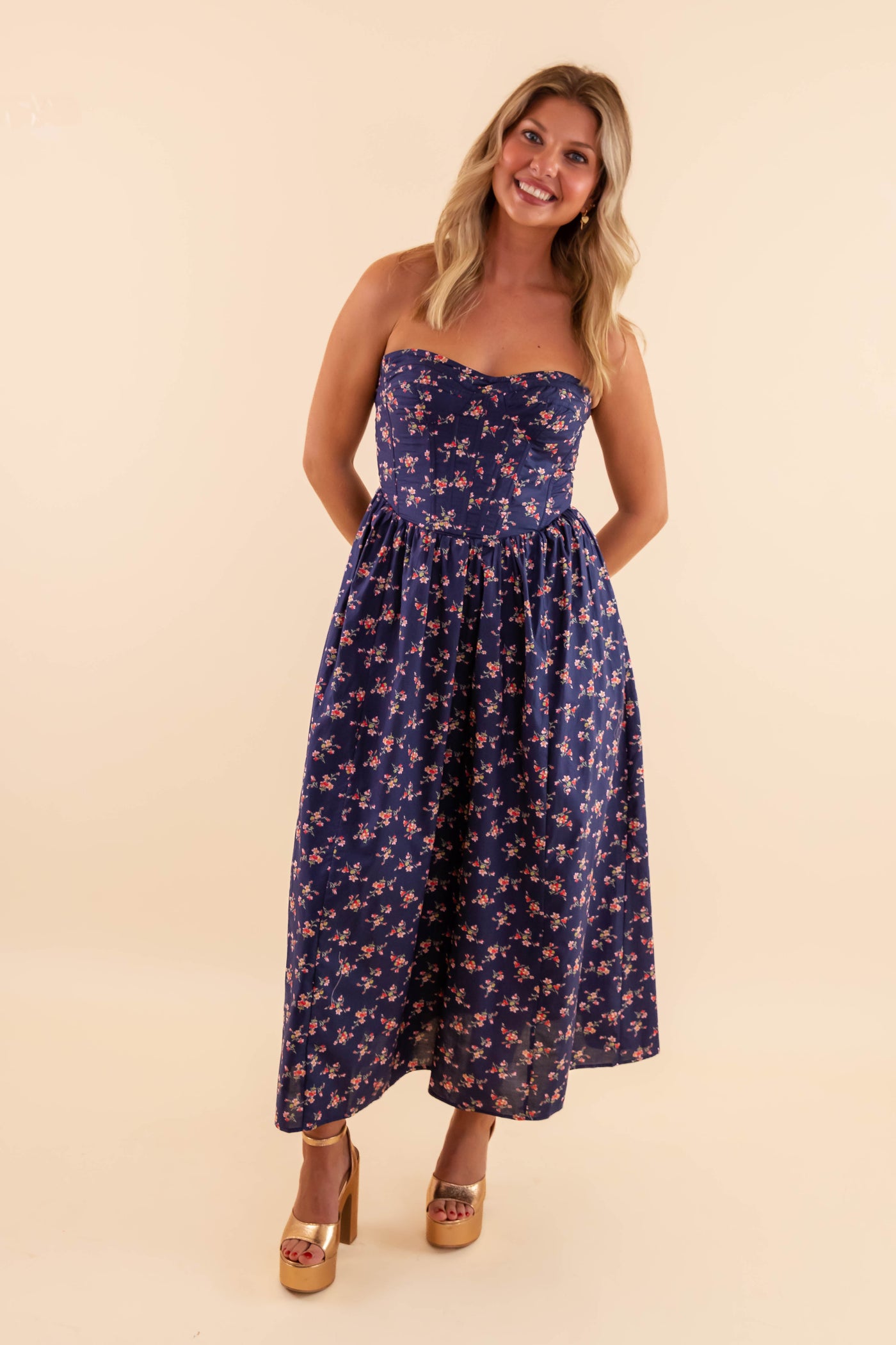 Strapless Floral Dress- Strapless Corset Midi Dress- Creamon Blue Floral Midi Dress