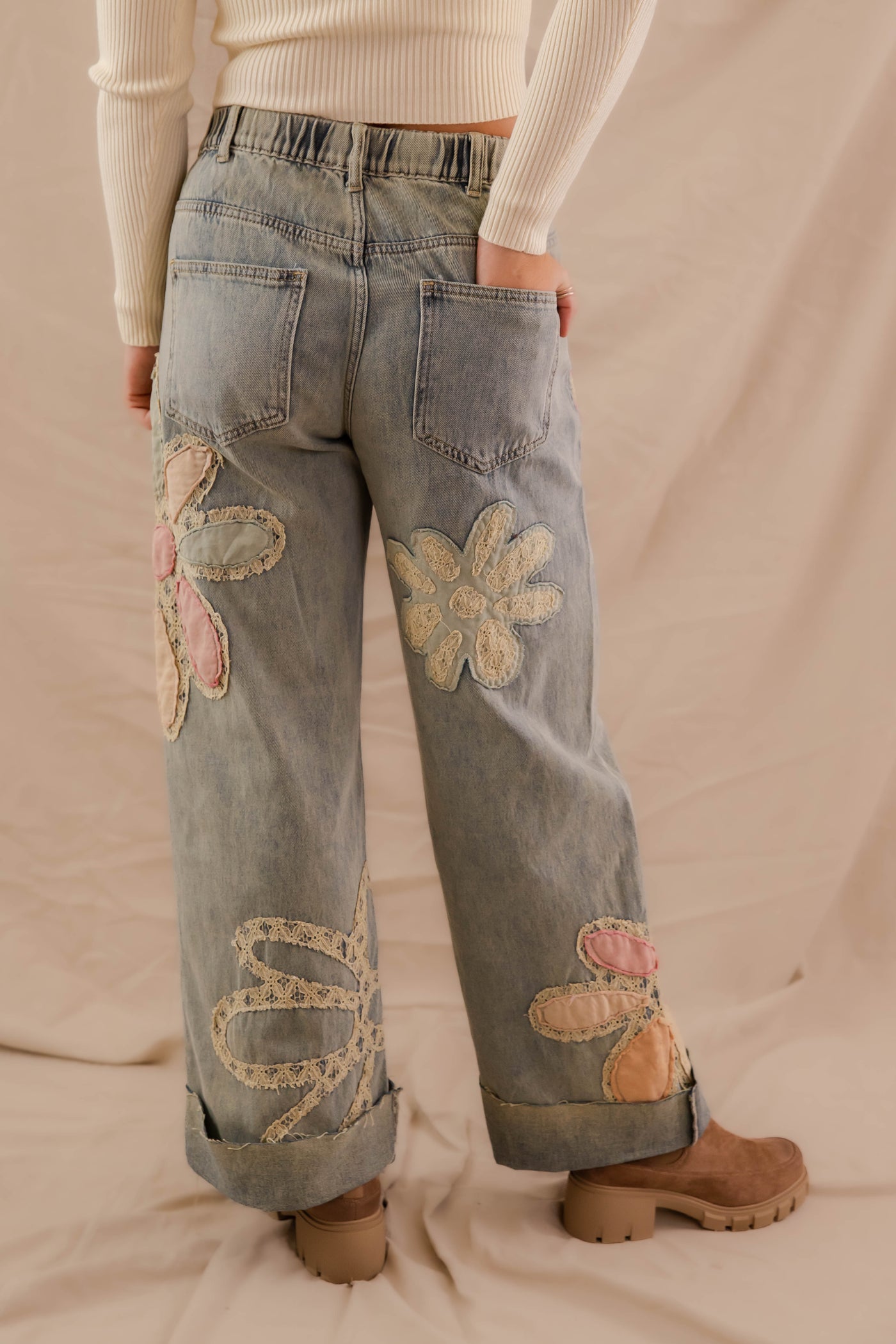 Floral Patchwork Jeans- Wide Leg Patchwork Denim- Oli and Hali Floral Jeans