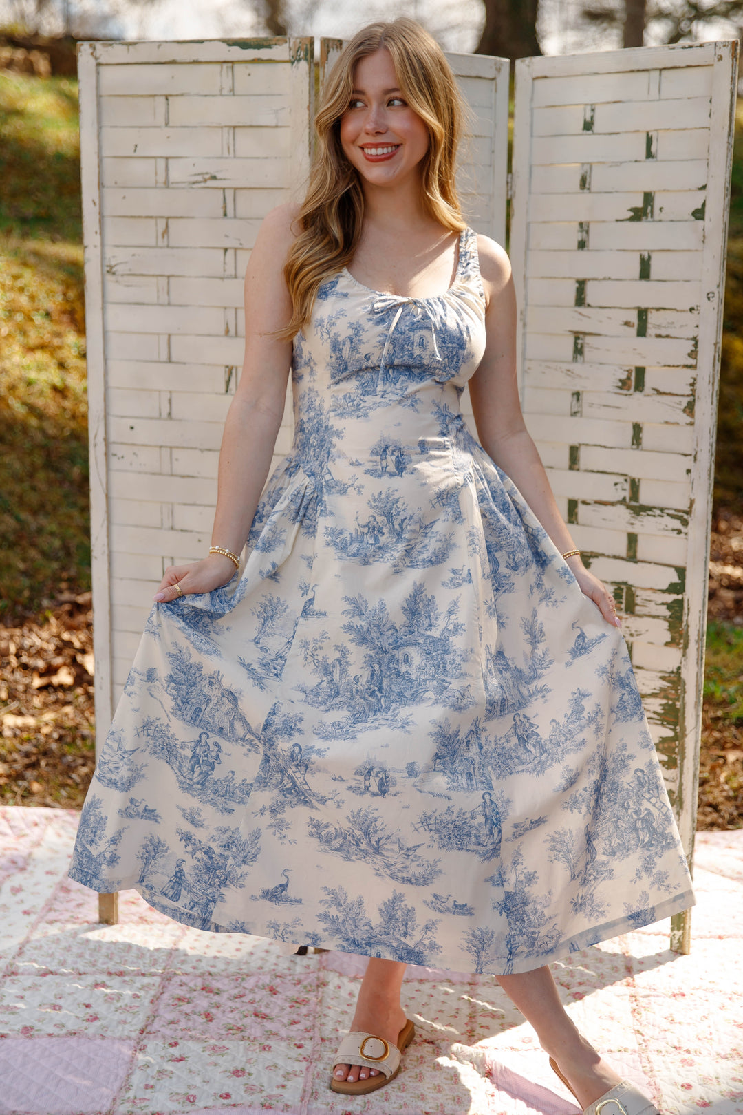 french style midi dress Toile Print Drop Waist Cotton Midi Dress- Women's French Style Dresses-  Women's Blue and White Cotton Dress – Juliana's Boutique