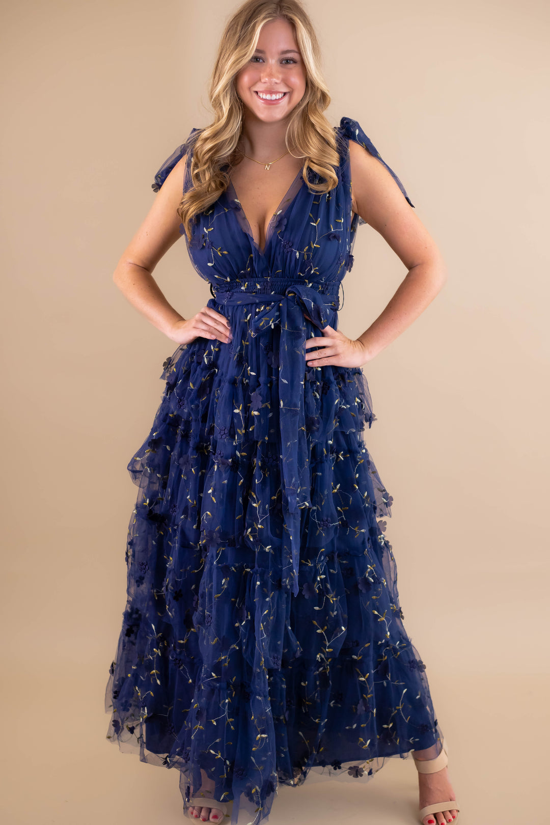 Navy Blue Tulle Maxi Dress- 3D Flower Maxi Dress- Elegant Tulle