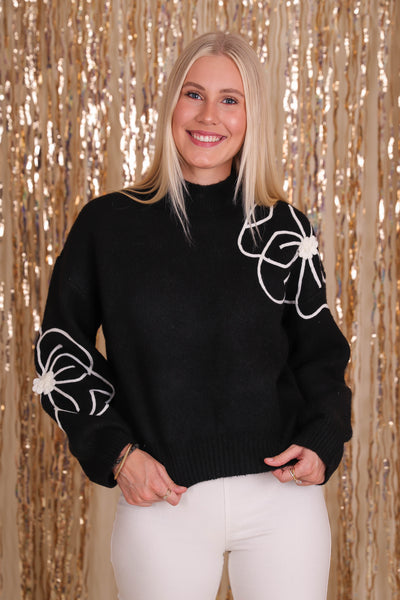 Flower Embroidery Sweater- Women's Chic Black Sweater- Women's Flower Sweater