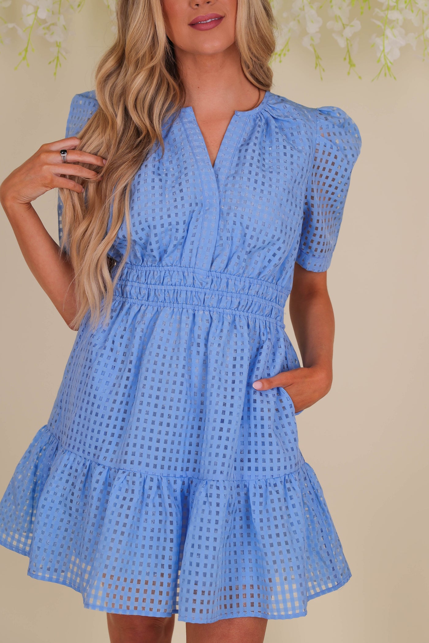 Organza Puff Sleeve Dress- Women's Blue Check Dress- Affordable Summer Dresses