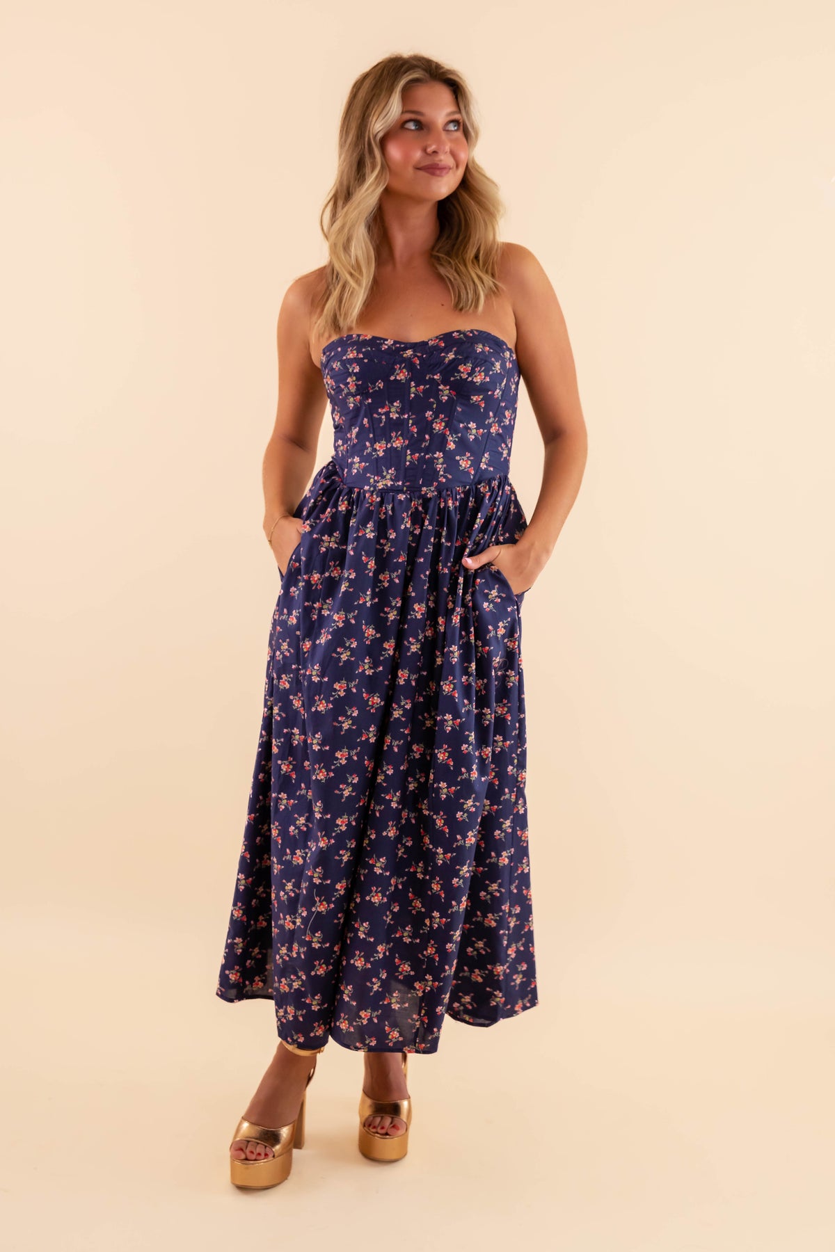 Strapless Floral Dress- Strapless Corset Midi Dress- Creamon Blue Floral Midi Dress Medium