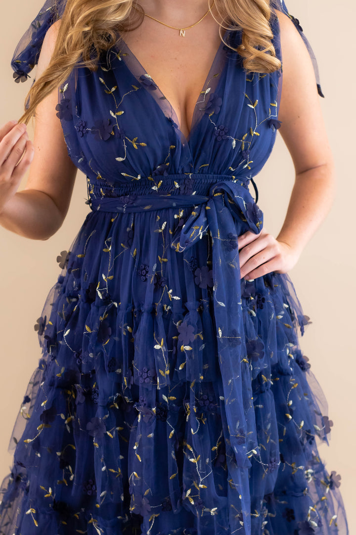 Navy Blue Tulle Maxi Dress- 3D Flower Maxi Dress- Elegant Tulle Flower Maxi Dress Juliana's Boutique Navy Blue Tulle Maxi Dress- 3D Flower Maxi Dress- Elegant Tulle Flower Maxi Dress Juliana's Boutique