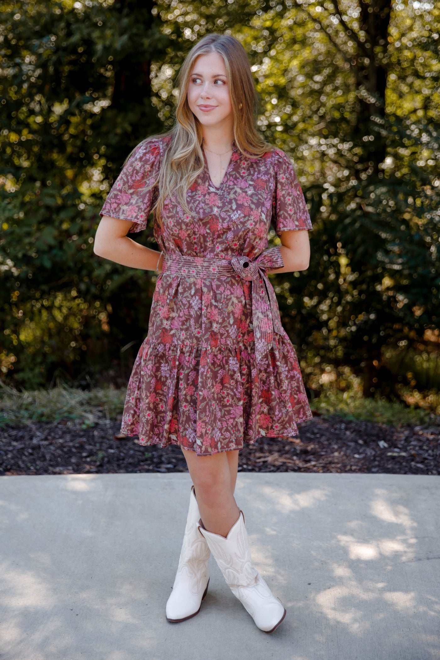 Short Sleeve Floral Print Dress- Muted Floral Print Fall Dress- She + Sky Floral Dress