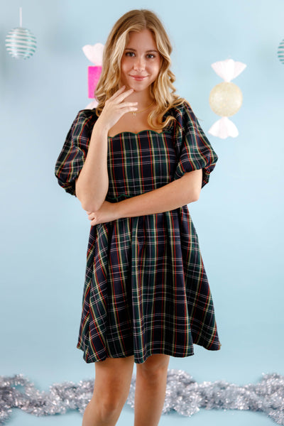 Green Tartan Plaid Print Dress- Women's Scalloped Preppy Dress- Entro Plaid Holiday Dress