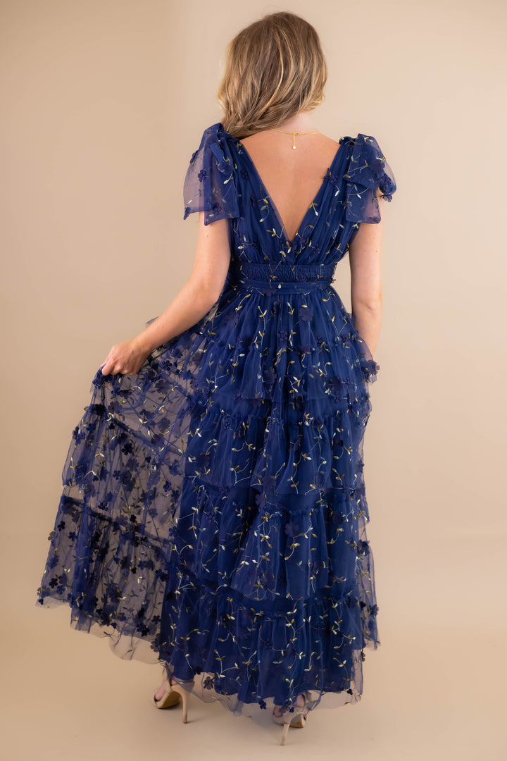 Navy Blue Tulle Maxi Dress- 3D Flower Maxi Dress- Elegant Tulle