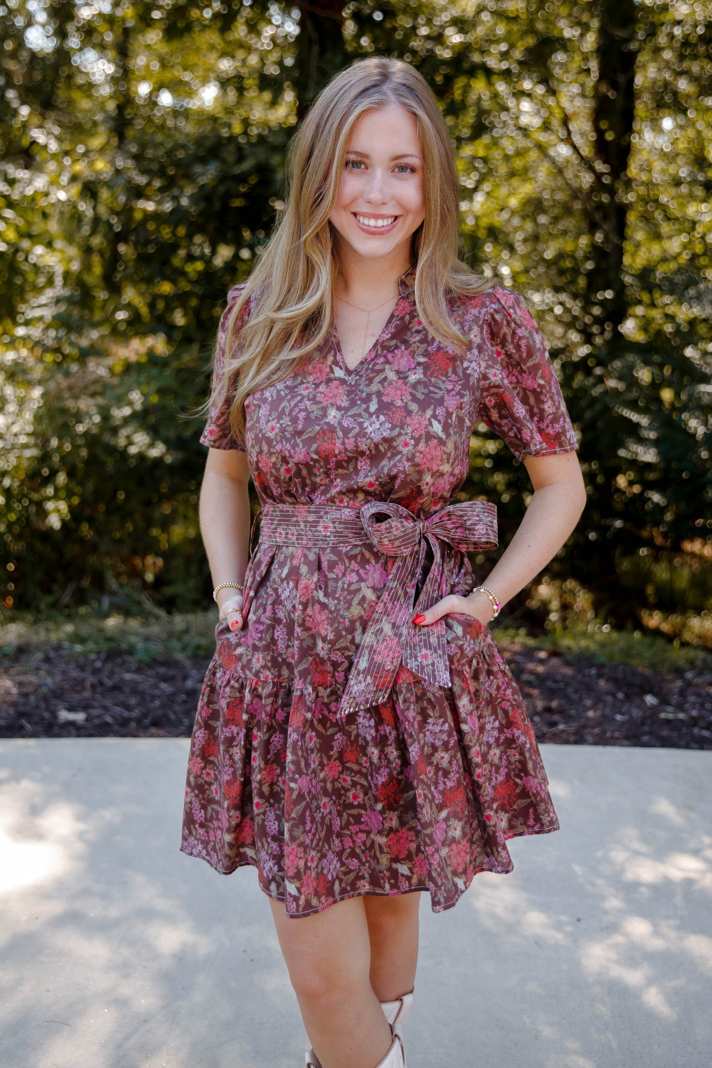 Short Sleeve Floral Print Dress- Muted Floral Print Fall Dress- She + Sky Floral Dress