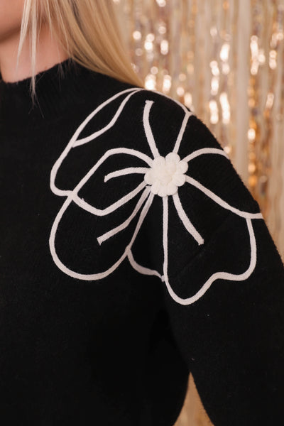 Flower Embroidery Sweater- Women's Chic Black Sweater- Women's Flower Sweater