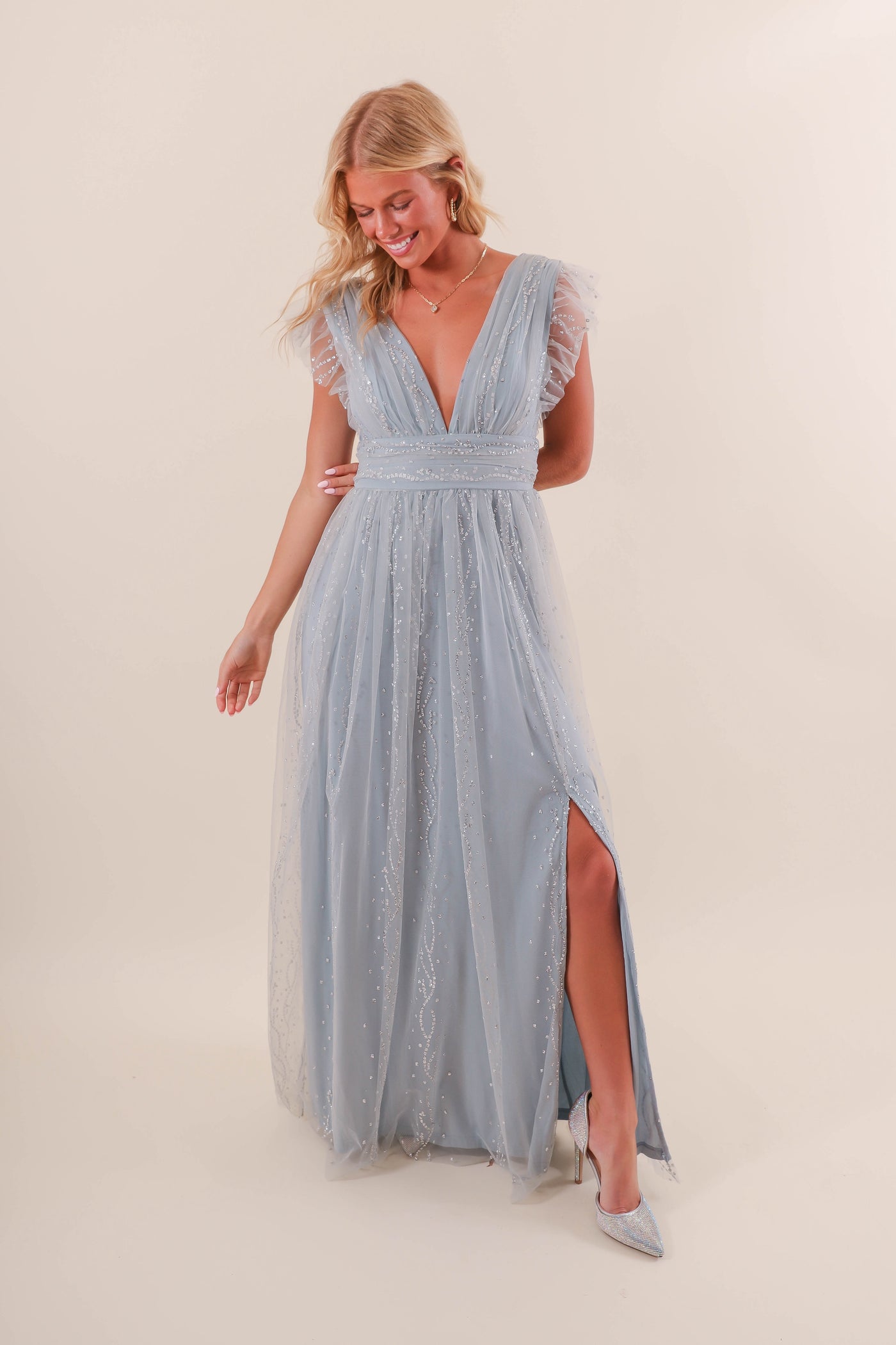 Women's Blue Tulle Maxi Dress- Women's Glitter Tulle Dress- Soieblu Tulle Maxi Dress