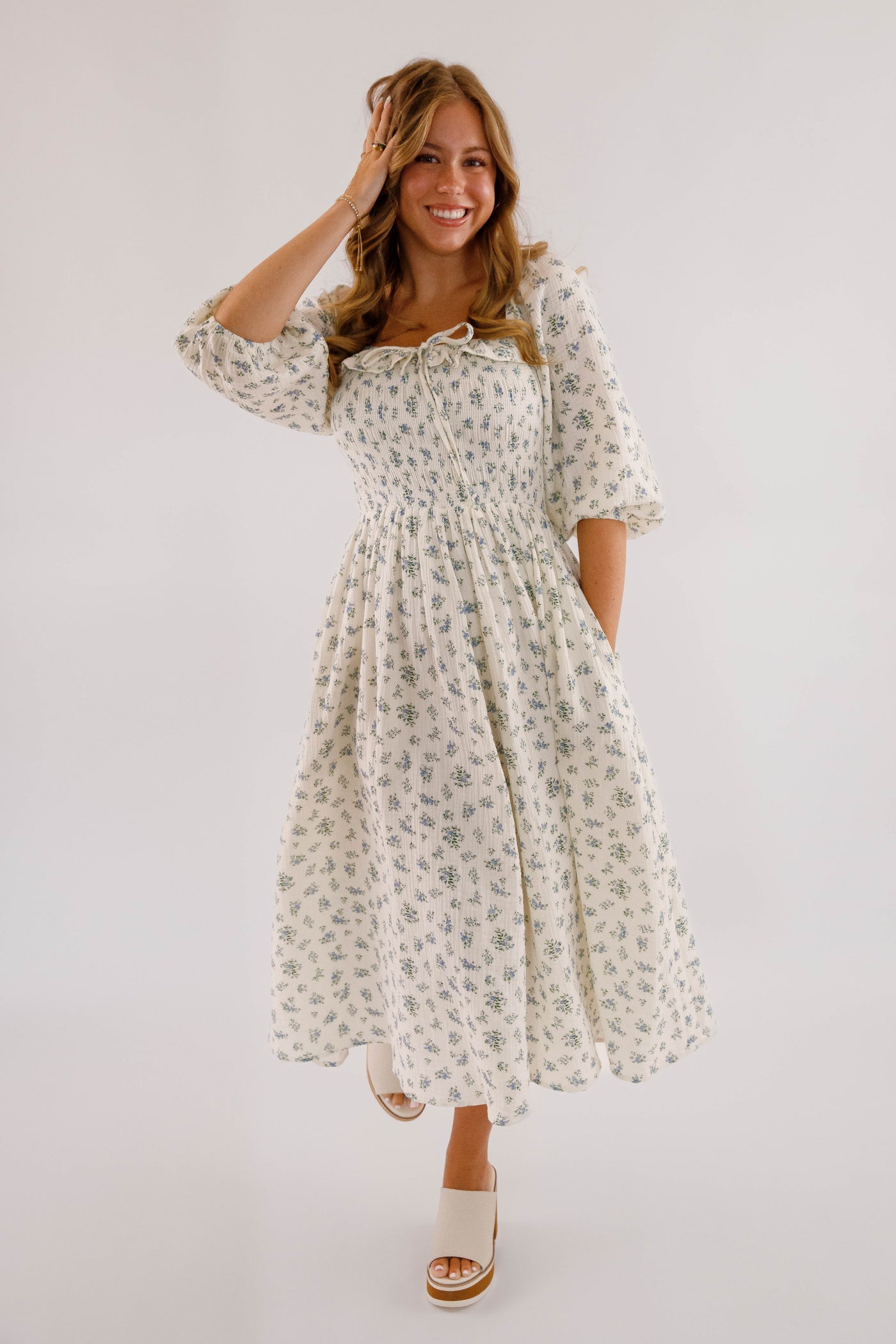 Dainty Blue Floral Print Midi Dress- Women's Cotton Midi Dress- Women's Conservative Dresses – Juliana's Boutique Dainty Blue Floral Print Midi Dress- Women's Cotton Midi Dress- Women's Conservative Dresses – Juliana's Boutique