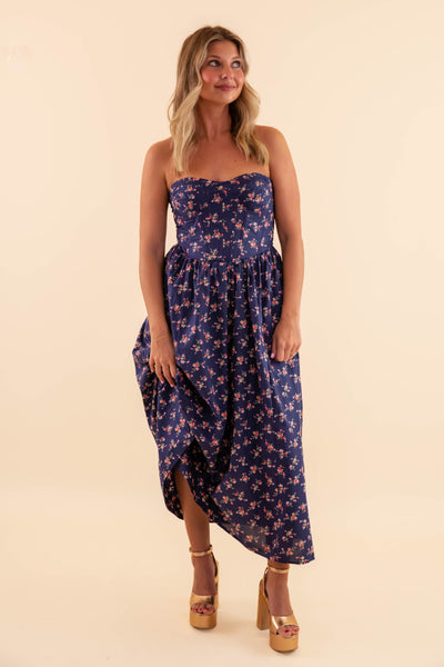 Strapless Floral Dress- Strapless Corset Midi Dress- Creamon Blue Floral Midi Dress