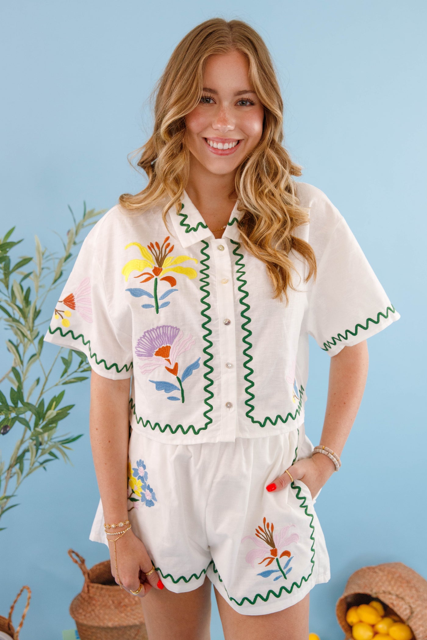 Women's Summer Set- Matching Embroidered Top and Shorts- Mable Embroidered Cotton Set