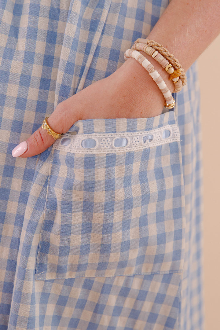 Elderflower Front Pocket Maxi Dress Gingham Baby Blue