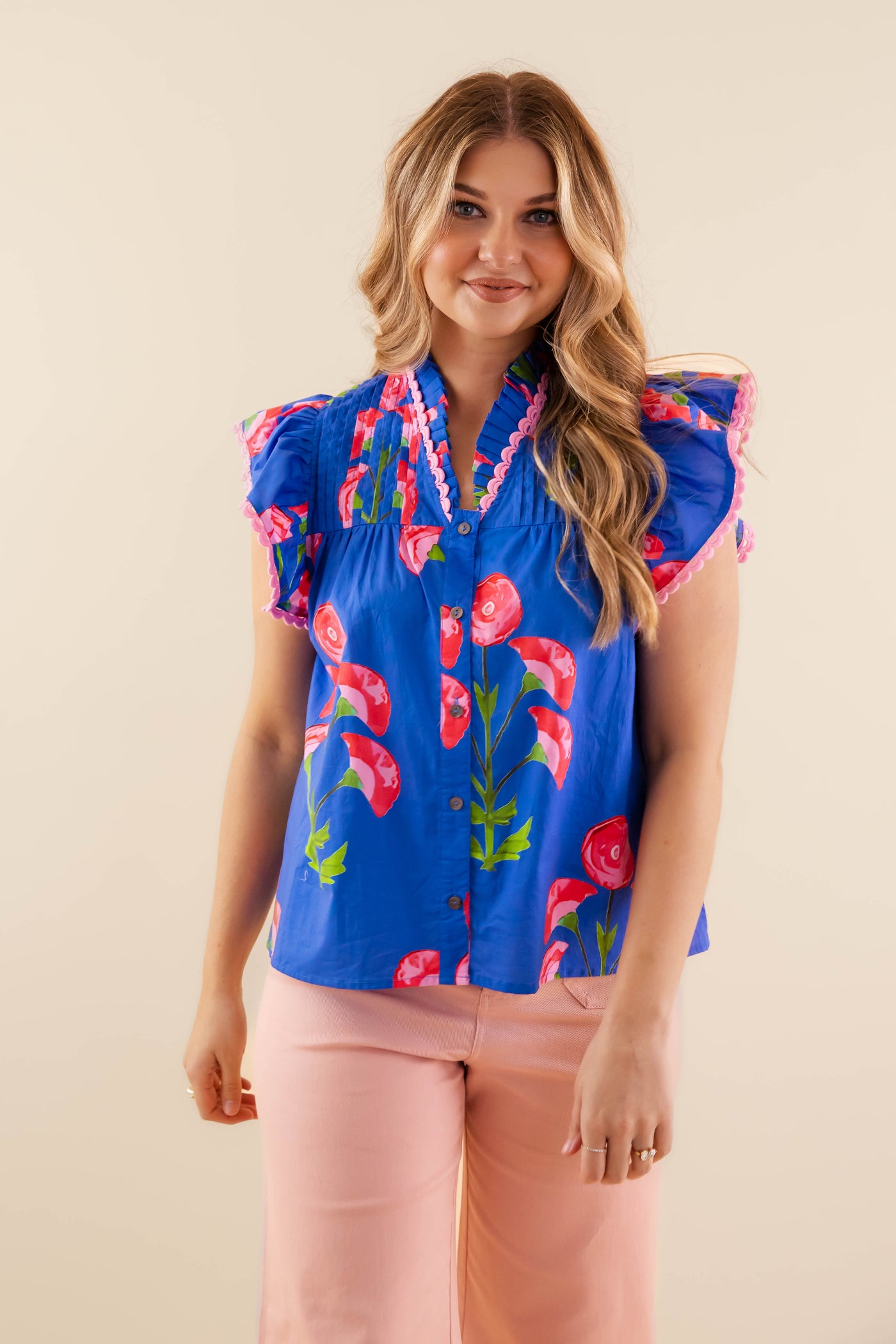 Floral Print Ruffle Sleeve Blouse- Blue and Pink Ruffle Top- Women's Spring Tops