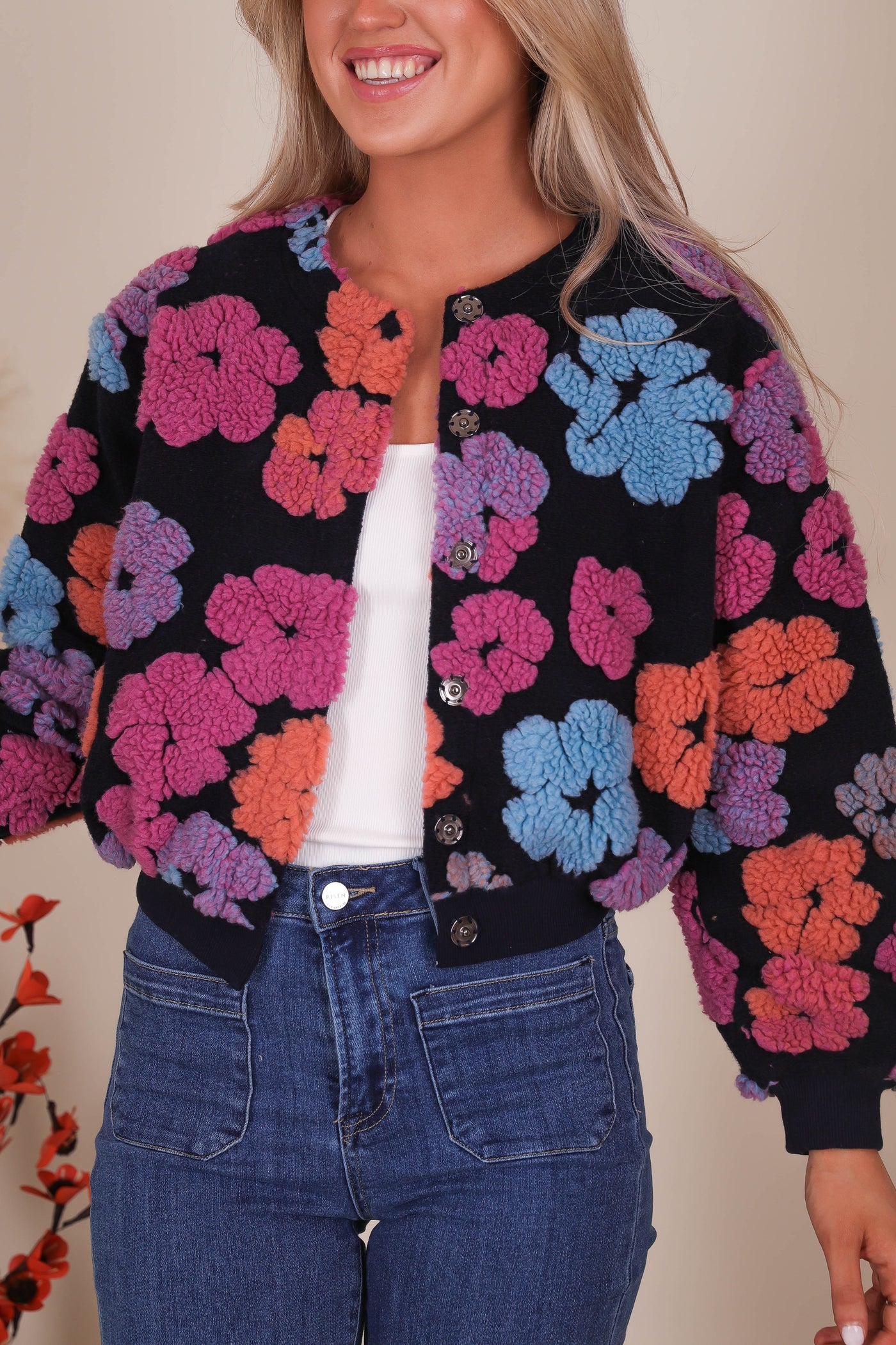 Women's Colorful Bomber Jacket- Women's 3D Flower Jacket- Women's Fun Fall Jackets