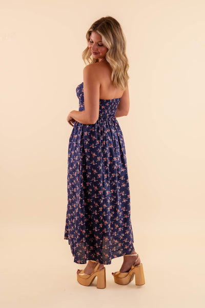 Strapless Floral Dress- Strapless Corset Midi Dress- Creamon Blue Floral Midi Dress
