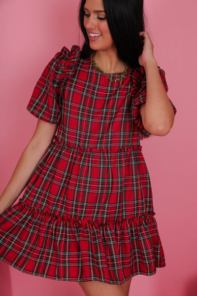 Festive Red Plaid Dress- Women's Red Plaid Dress- Entro Plaid Dress