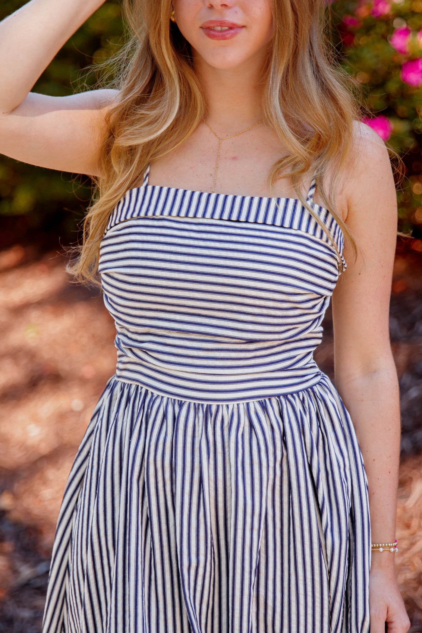 Women's Navy and Cream Striped Midi Dress- Classic Thin Striped Dress- TCEC Striped Dress