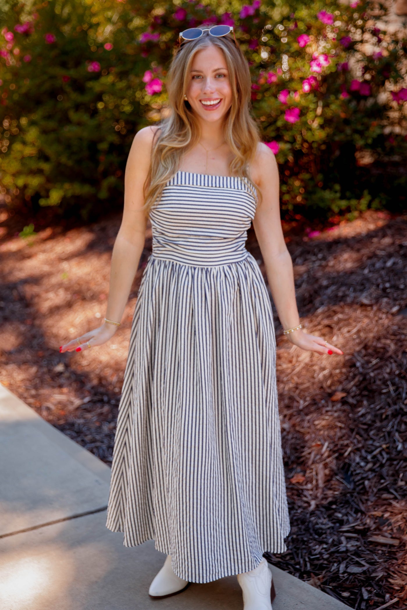 Women's Navy and Cream Striped Midi Dress- Classic Thin Striped Dress- TCEC Striped Dress