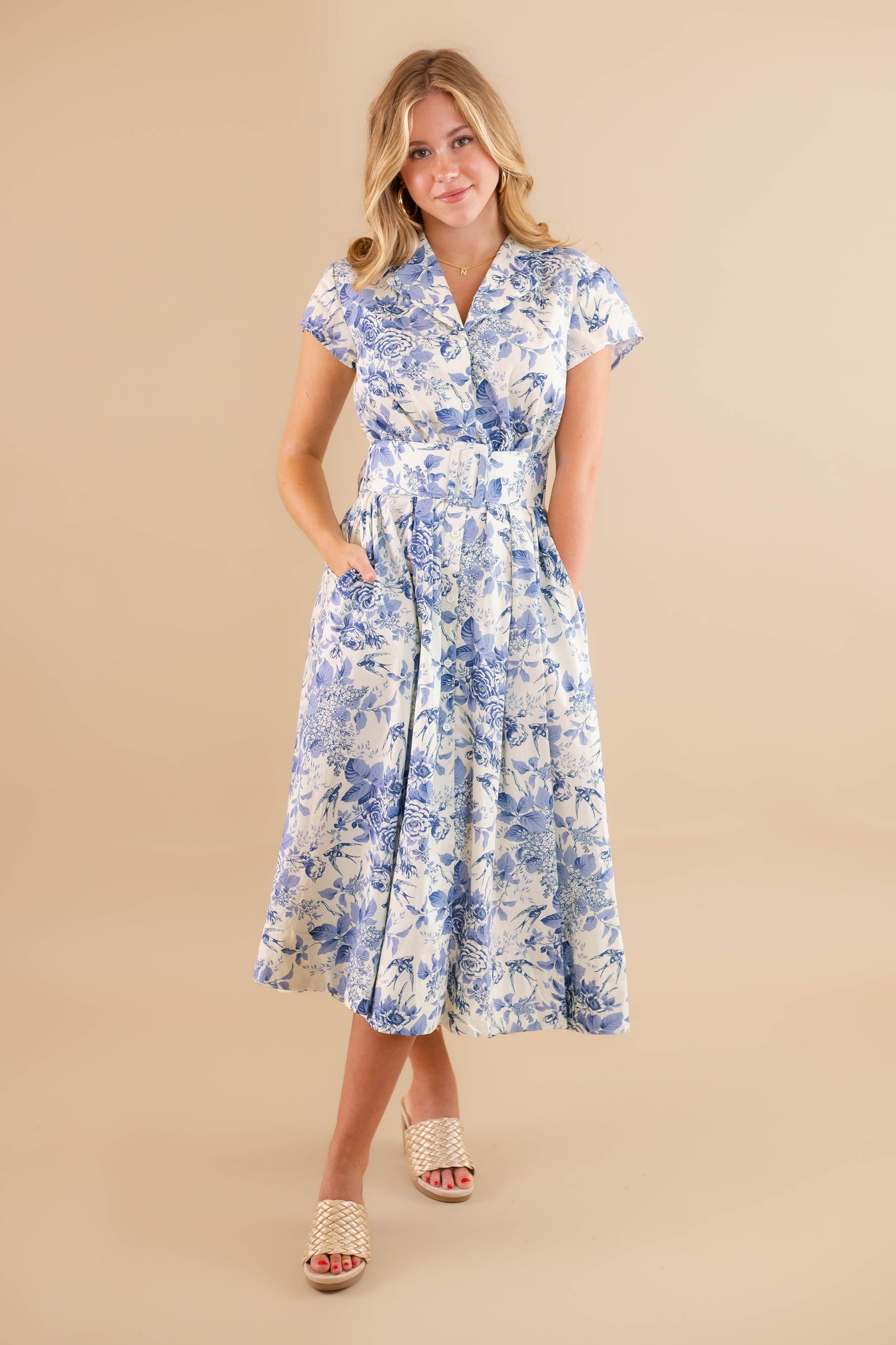 Floral Blue And White Midi Dress- Women's Belted Dress- AAKAA Dresses Juliana's Boutique Floral Blue And White Midi Dress- Women's Belted Dress- AAKAA Dresses Juliana's Boutique
