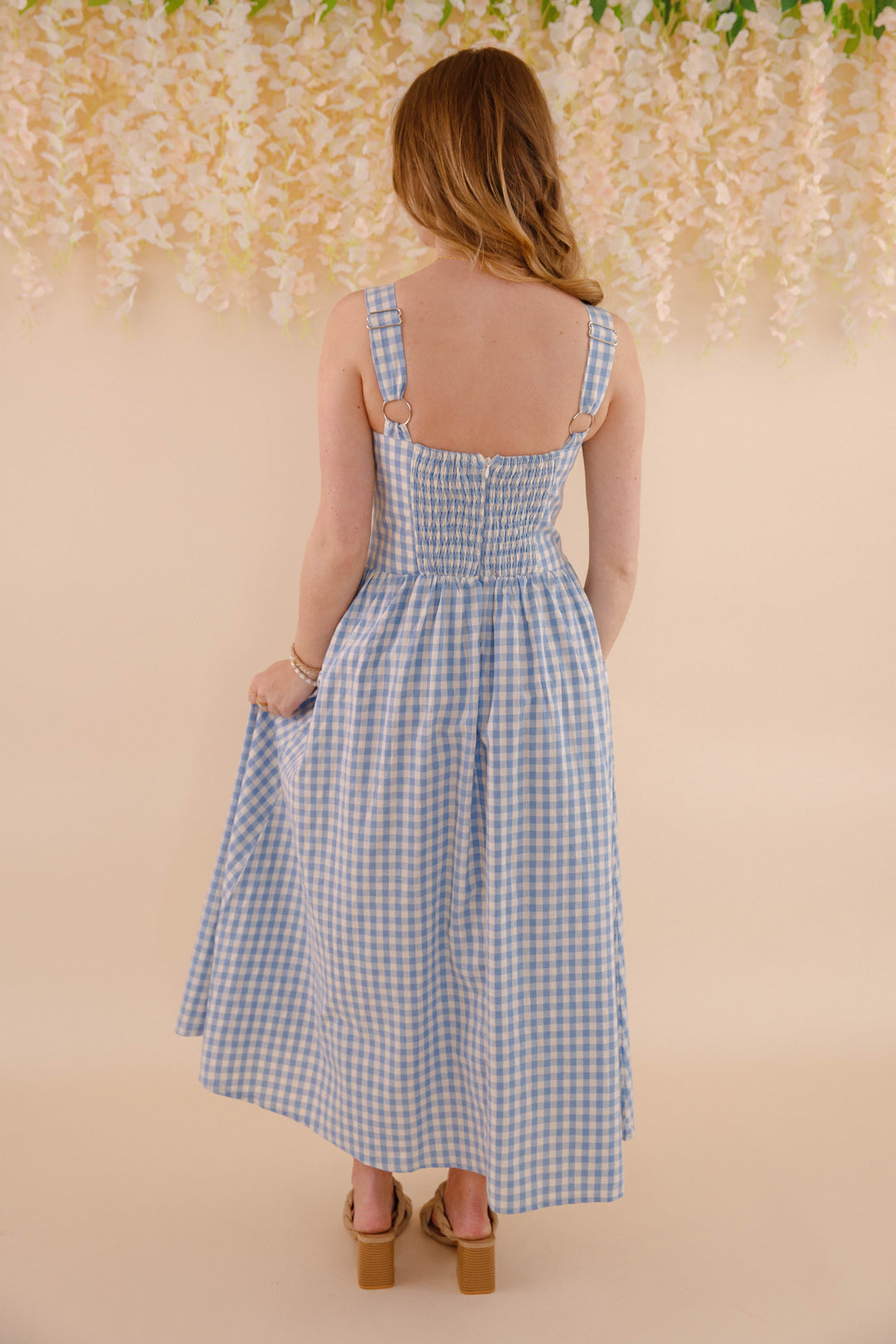 gingham dress blue Gingham Plaid Open Tie Back Midi Dress Medium / Amber main image 1
