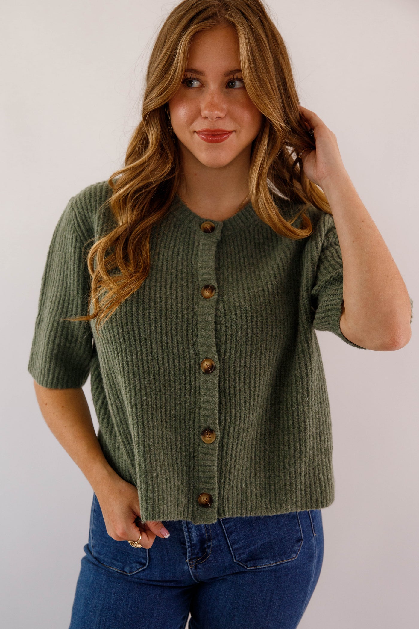 Women's Olive Green Button Up Cardigan-  Classic Olive Short Sleeved Cardigan- Miss Love Olive Cardigan