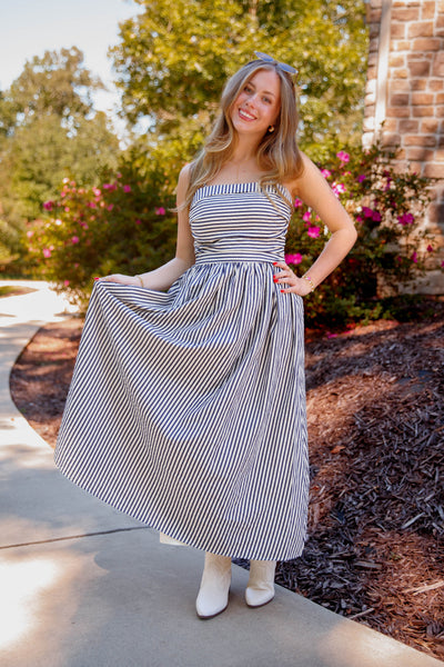 Women's Navy and Cream Striped Midi Dress- Classic Thin Striped Dress- TCEC Striped Dress