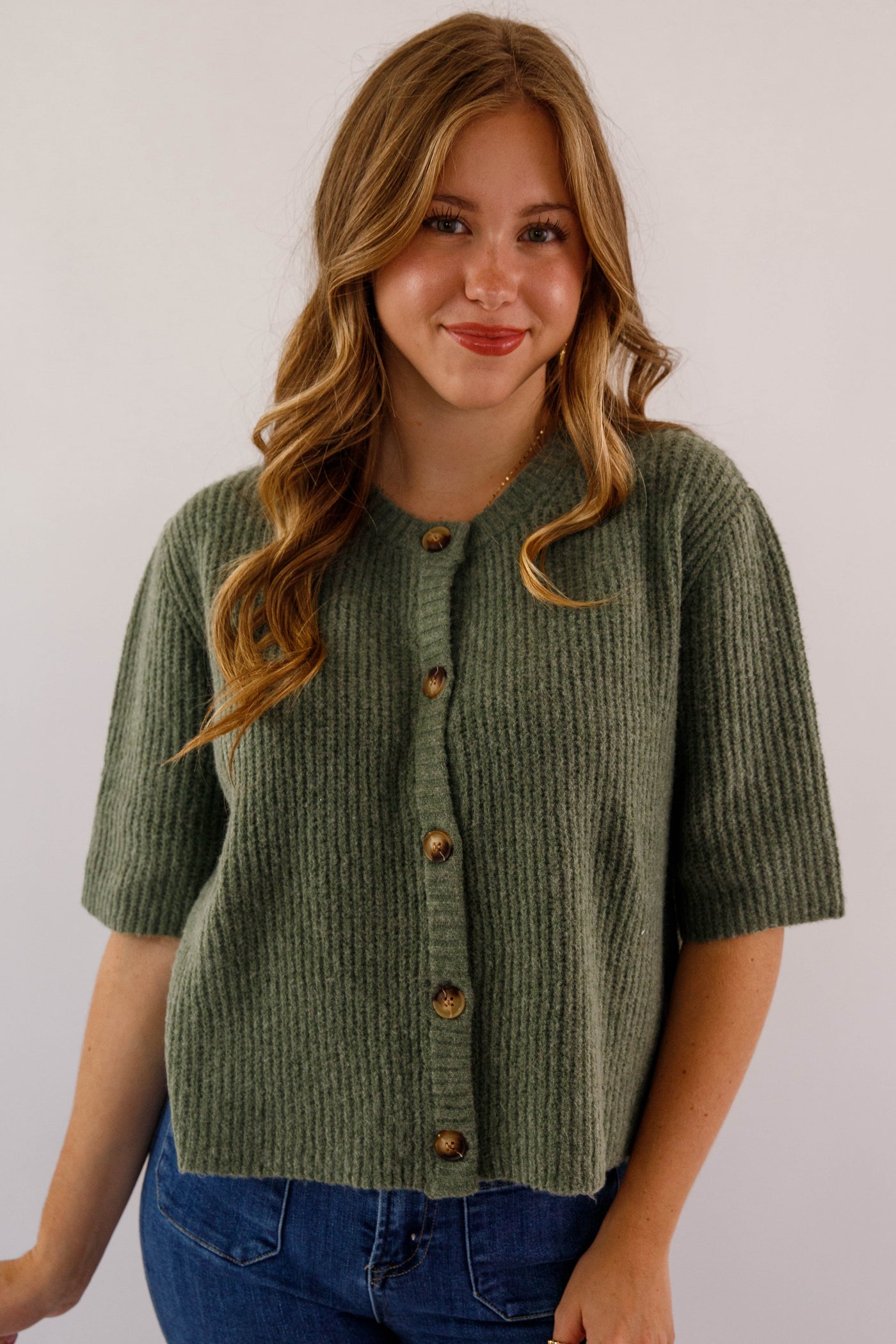 Women's Olive Green Button Up Cardigan-  Classic Olive Short Sleeved Cardigan- Miss Love Olive Cardigan